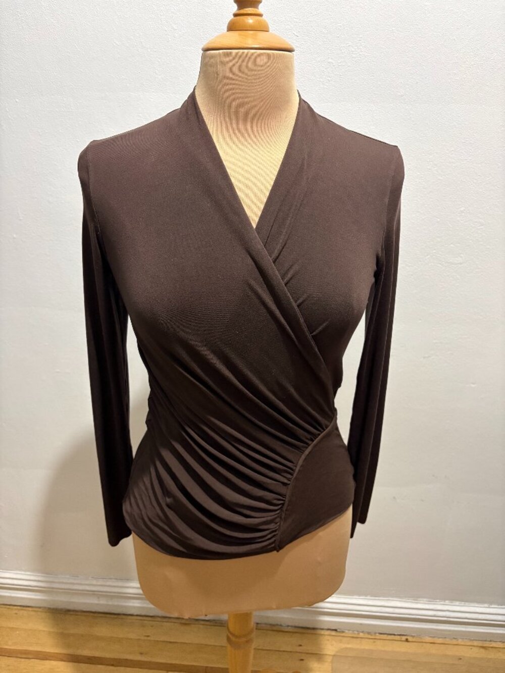 MaxMara long-sleeved viscose jersey draped surplice top in brown
